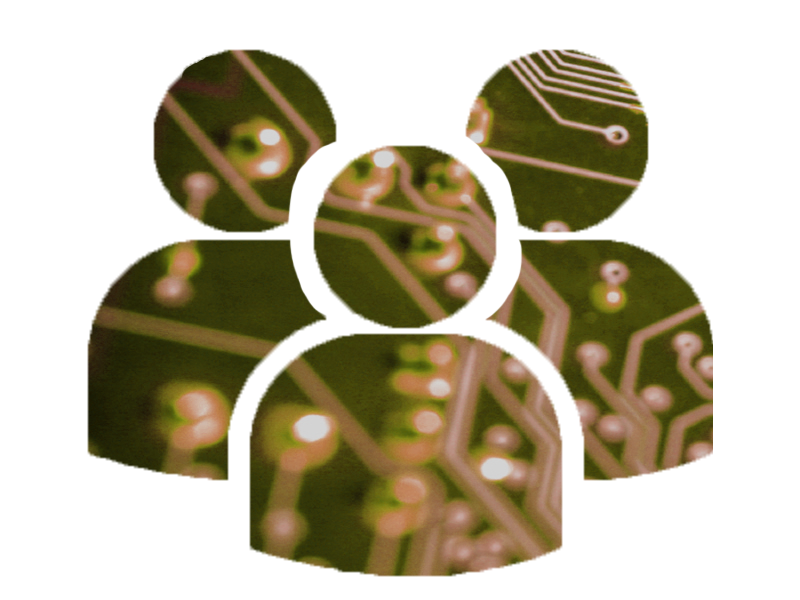 icon of three people with circuit board pattern overlay in brown